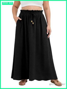 Plus Size Maxi Skirt Elastic Waist A-Line Long Skirt with Pockets